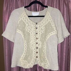 Vintage Beige Crochet Button-Up Crop Top